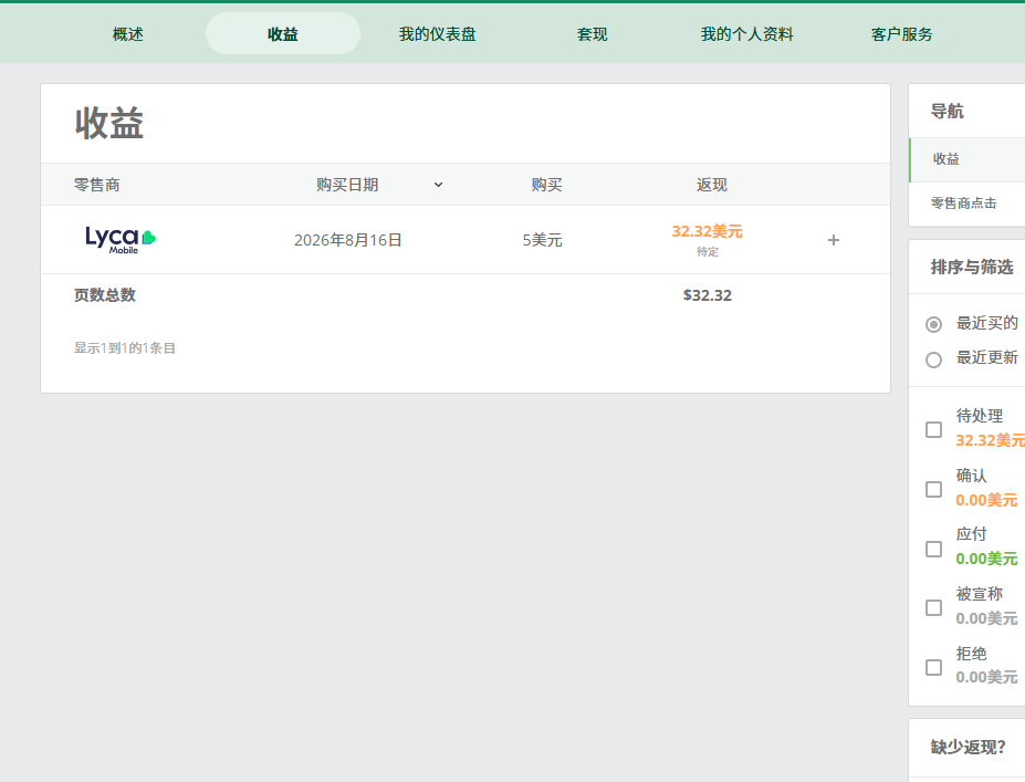 收益页面显示 32.32 美元
